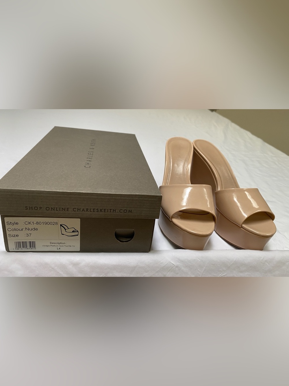 Charles & Keith Nude Patent Platform Slide Heels